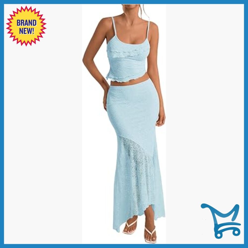 Small Ruffle Trim Cami Crop Top And Maxi Skirt Set, Polyamide Blend